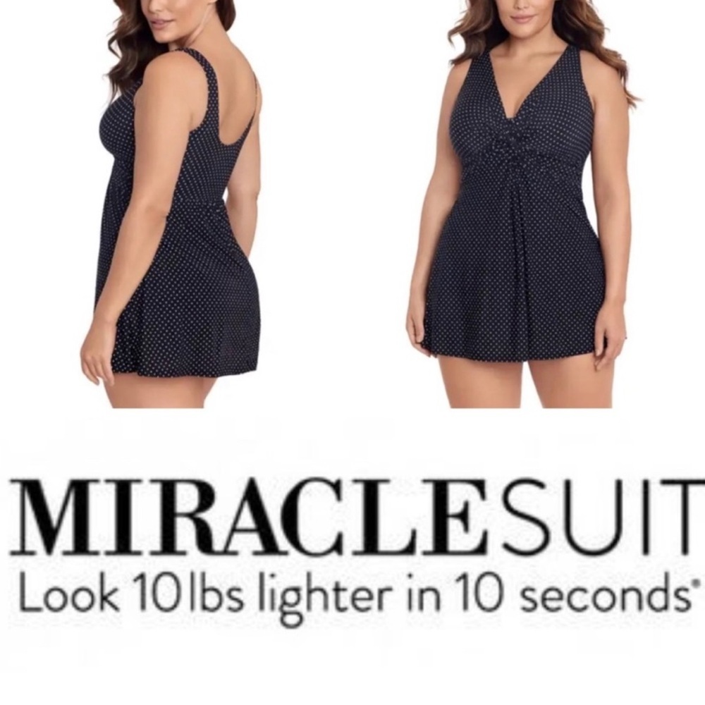 Miraclesuit Plus Size Marais Pin Point Swim Dress Black White Polka Dot 24W
